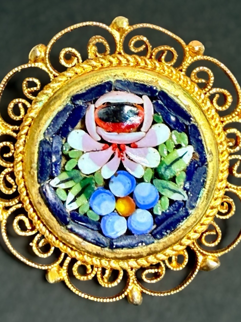 Vintage Italian Micro Mosaic Floral Brooch Gold Tone Filigree Italy Blue Flowers